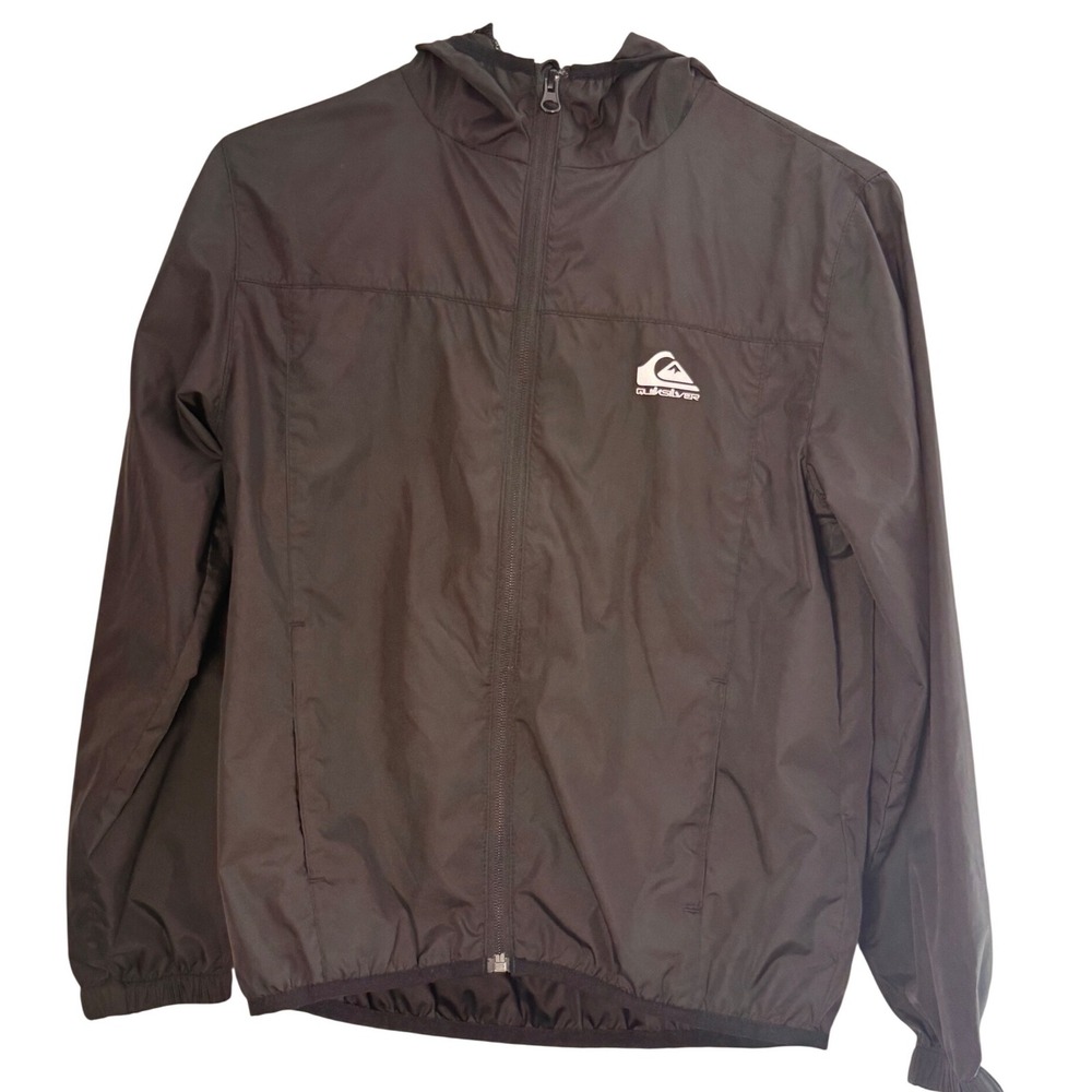 Quiksilver Surf Boys Black Hooded Windbreaker Jacket Zip Size Small 10 Beach